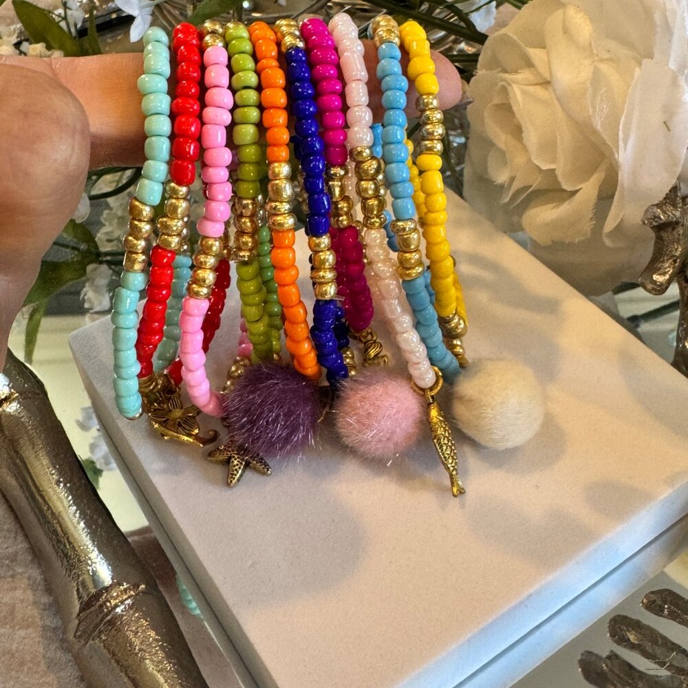 10-Bracelet Beaded Stack Set • Colorful Stretch Bracelets with Charms